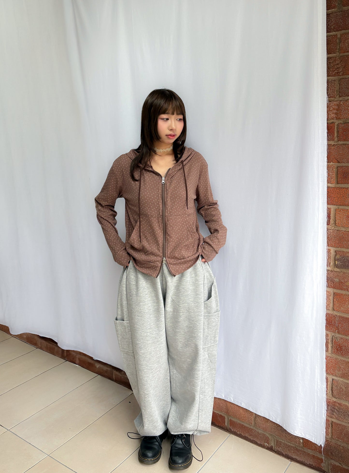 Floral Pattern Hooded Two Way Zip-up Jacket (Brown)