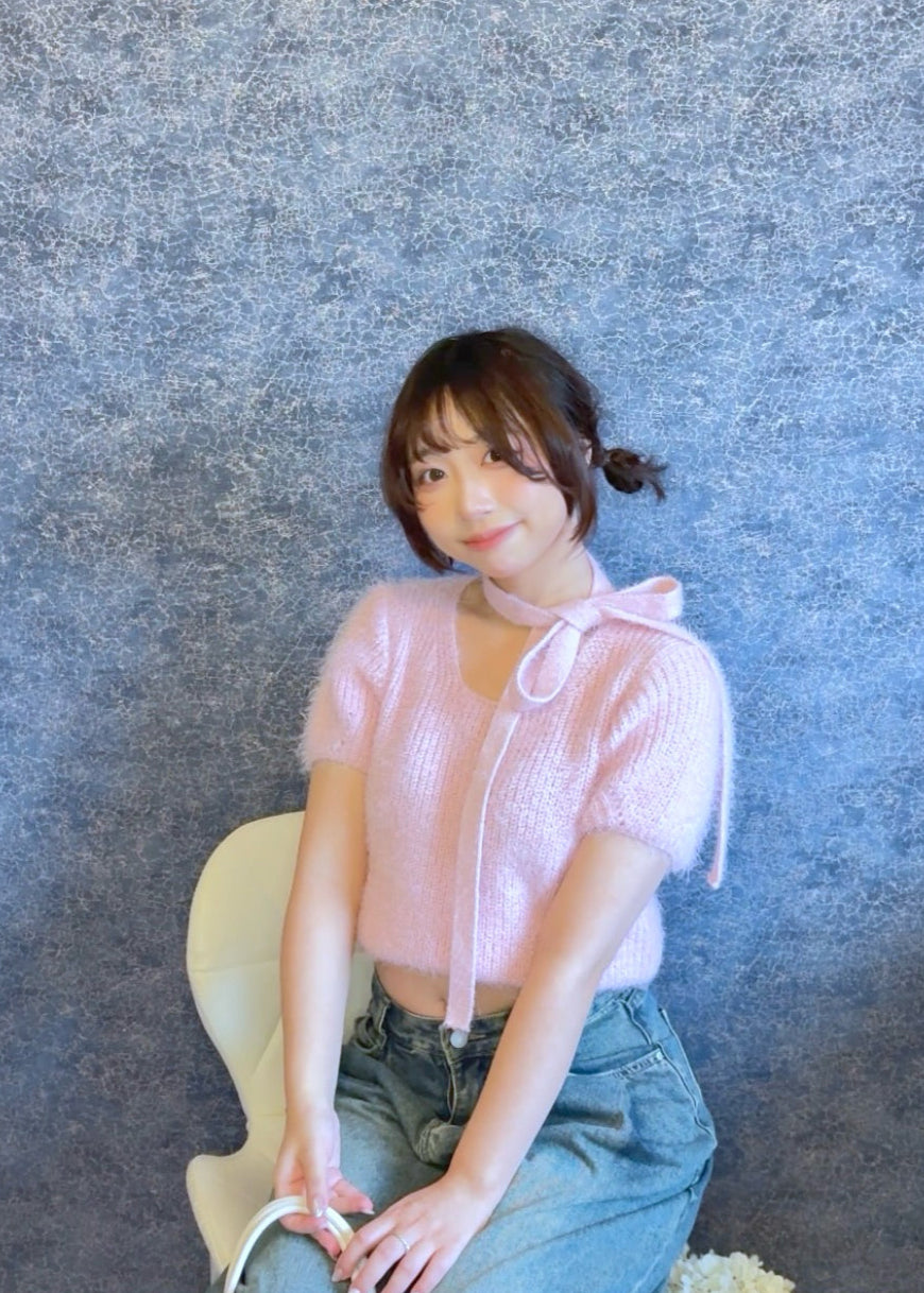 (4 Colours) Korean Chic Short Sleeve Knit Tie Set