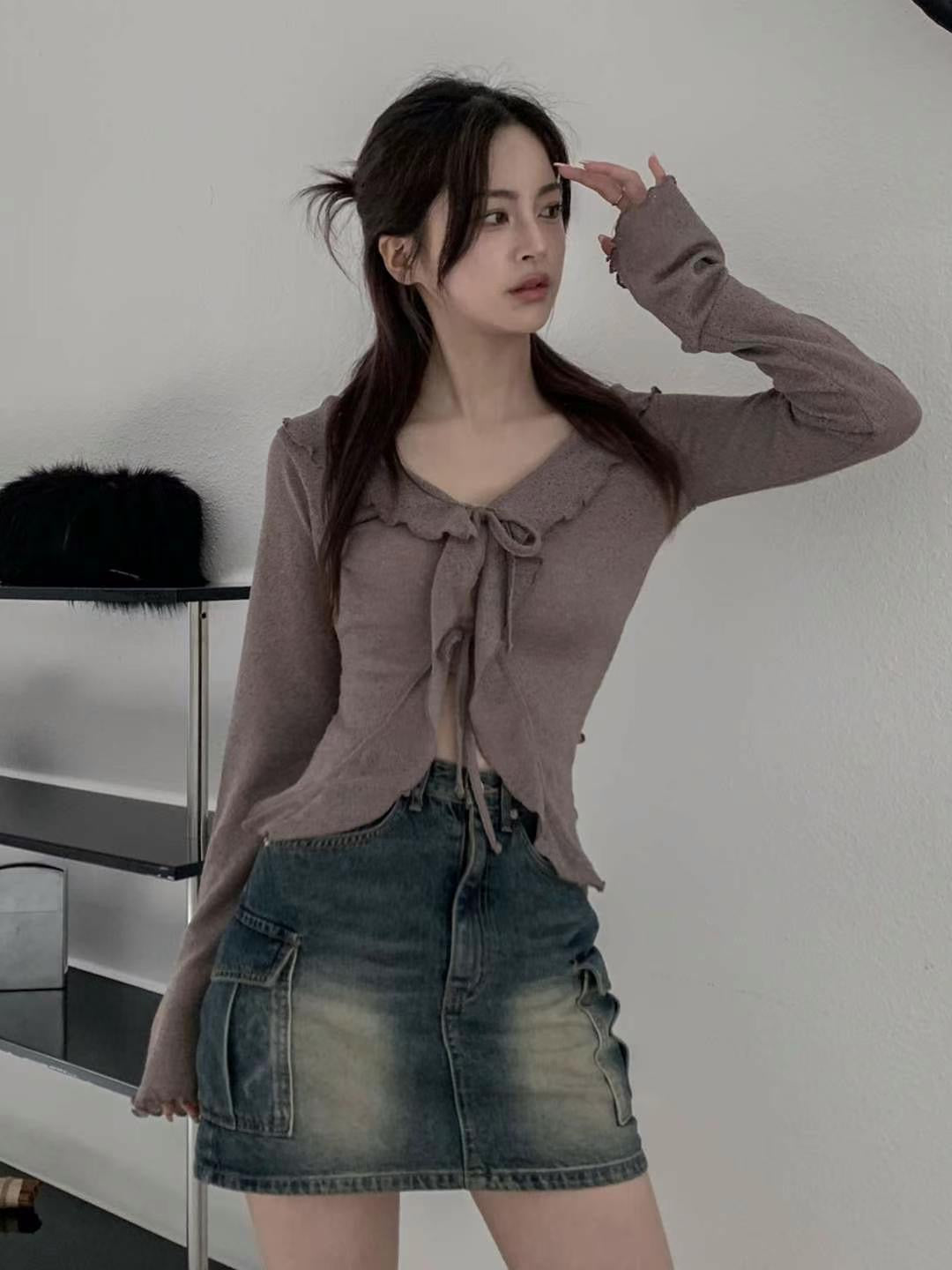 Flared Sleeve Ruffled Jacquard Frill Cardigan (Mocha)