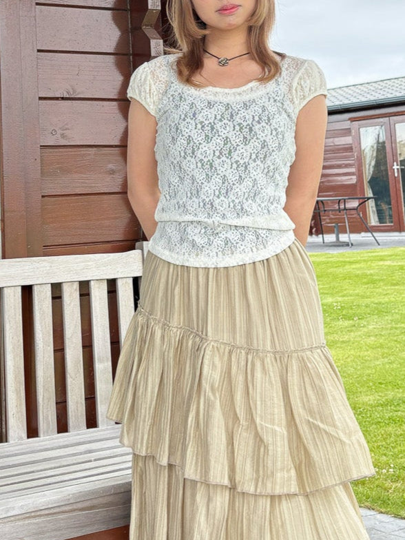 Rose sleeve lace shirring T-shirt (2 Colours)
