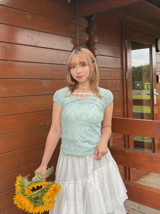 Rose sleeve lace shirring T-shirt (2 Colours)