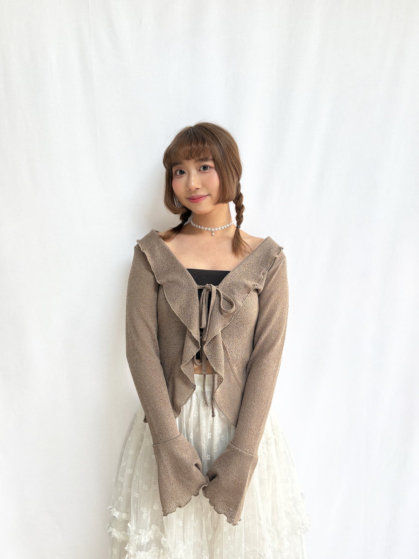 Flared Sleeve Ruffled Jacquard Frill Cardigan (Mocha)