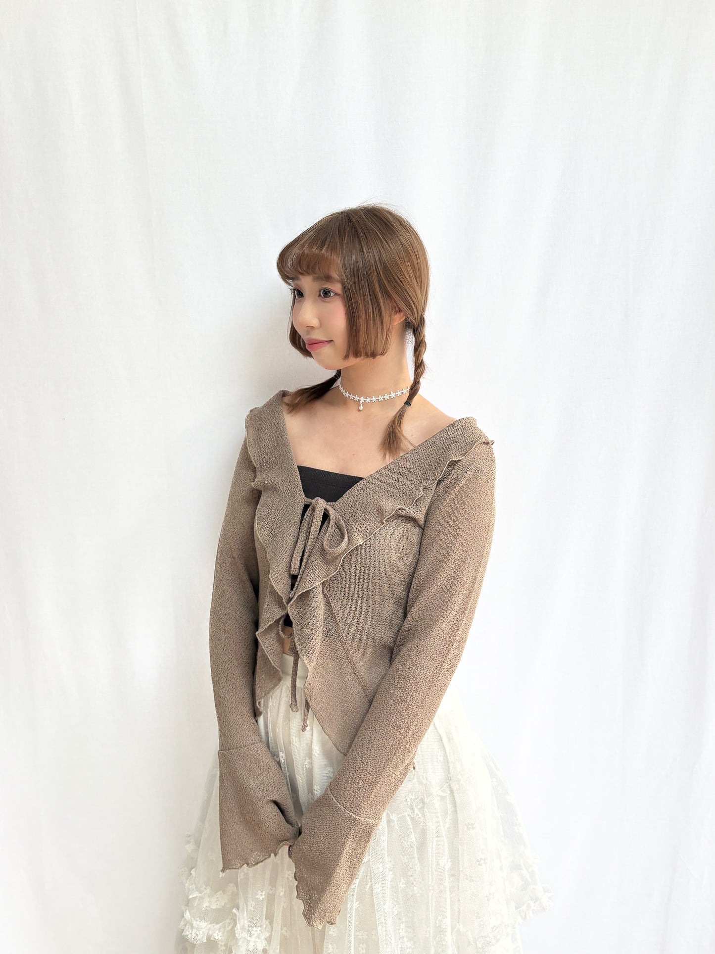 Flared Sleeve Ruffled Jacquard Frill Cardigan (Mocha)