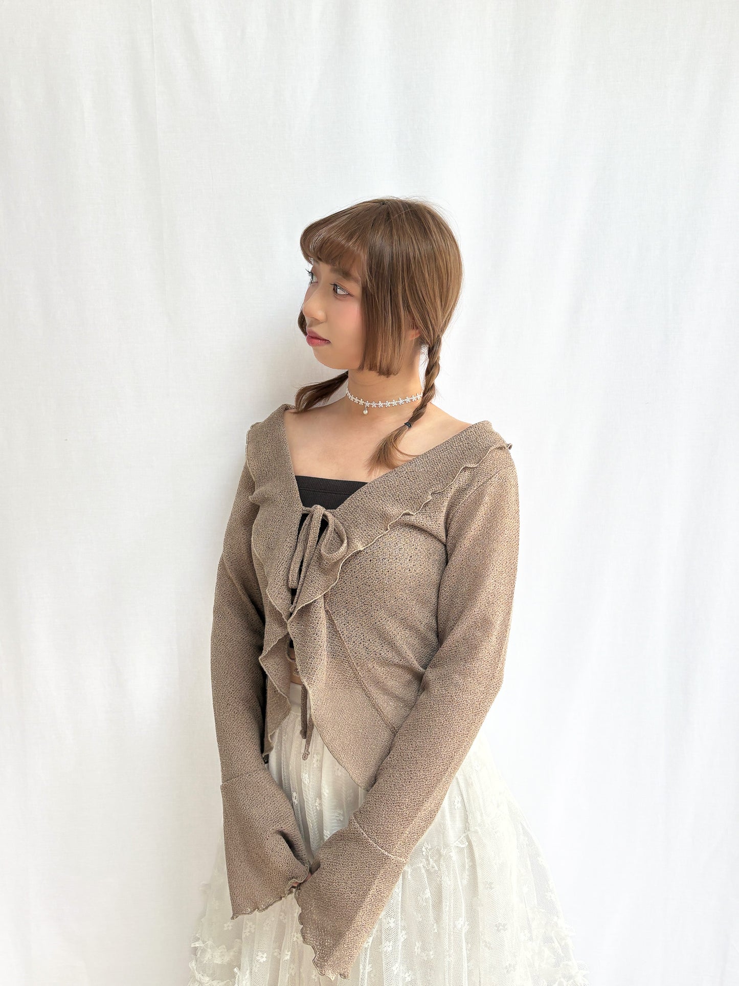 Flared Sleeve Ruffled Jacquard Frill Cardigan (Mocha)