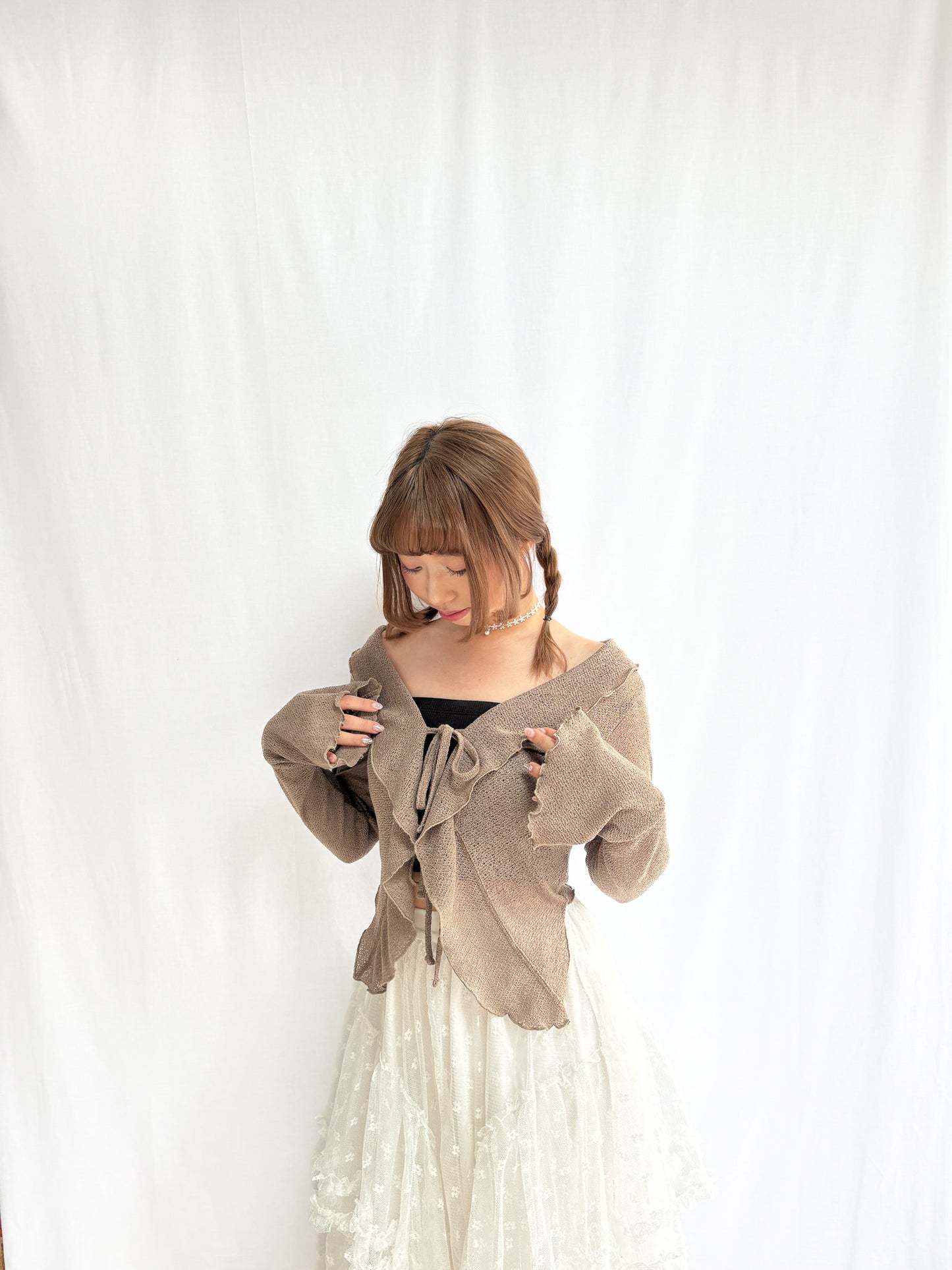 Flared Sleeve Ruffled Jacquard Frill Cardigan (Mocha)