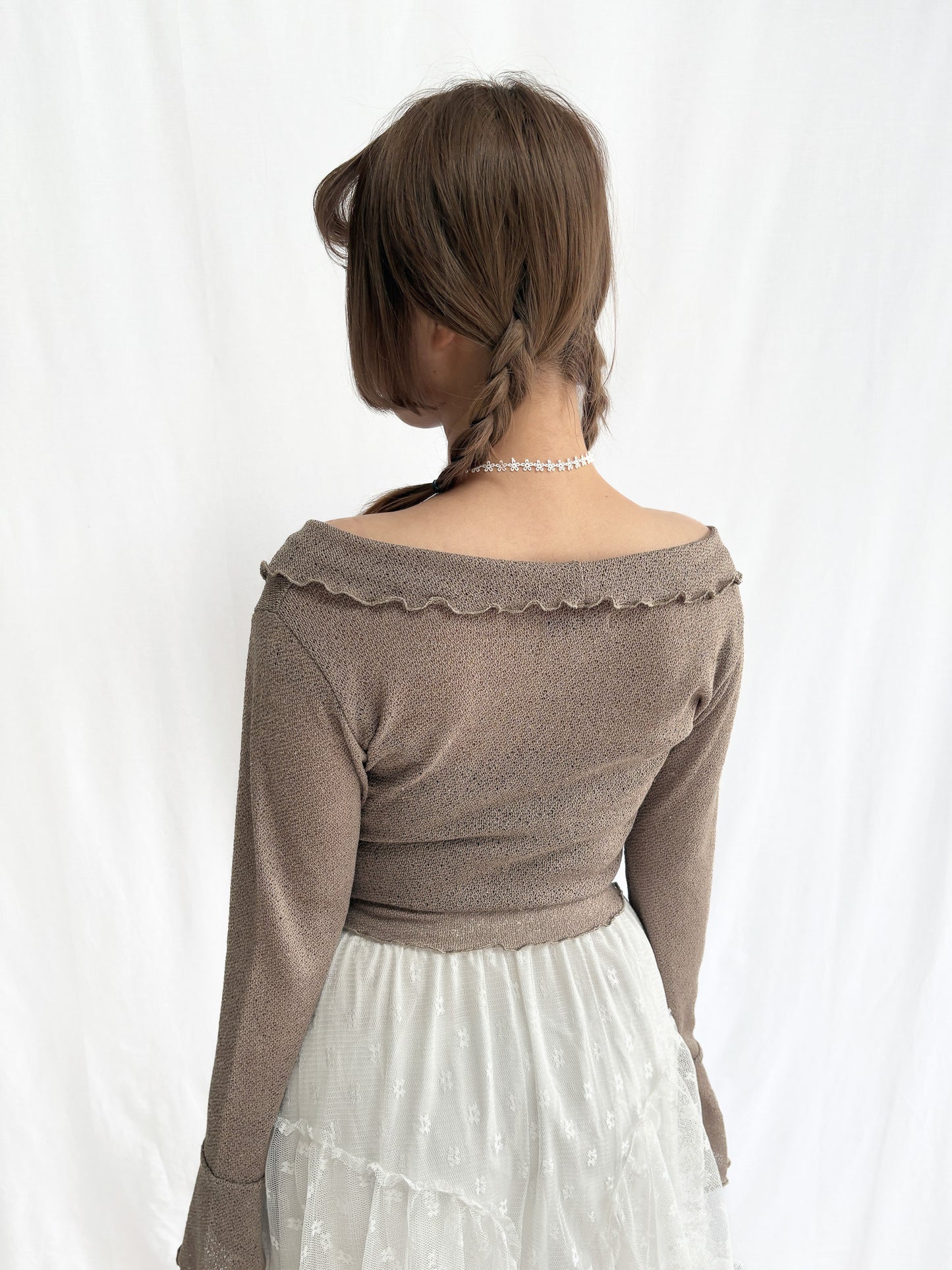 Flared Sleeve Ruffled Jacquard Frill Cardigan (Mocha)