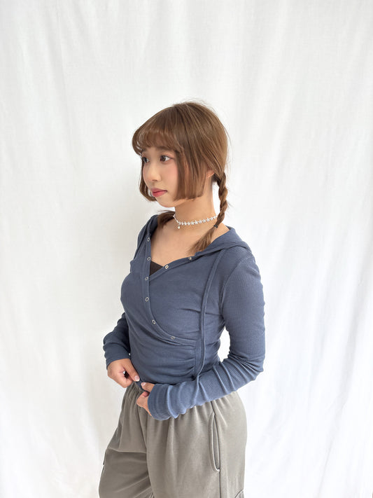 Daily Ribbed Layered V Neck Hoodie (Blue)