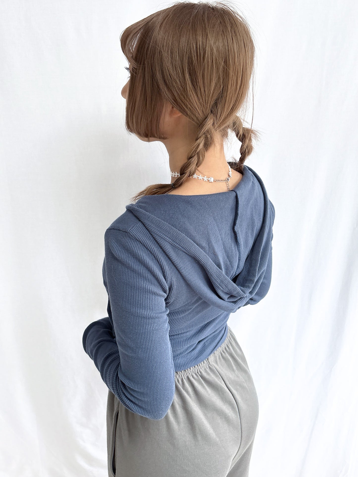 Daily Ribbed Layered V Neck Hoodie (Blue)