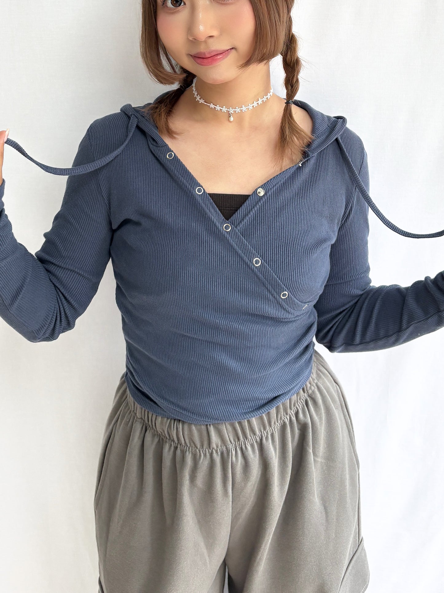 Daily Ribbed Layered V Neck Hoodie (Blue)