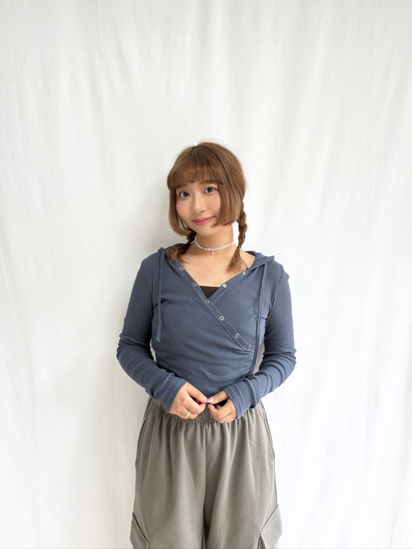 Daily Ribbed Layered V Neck Hoodie (Blue)