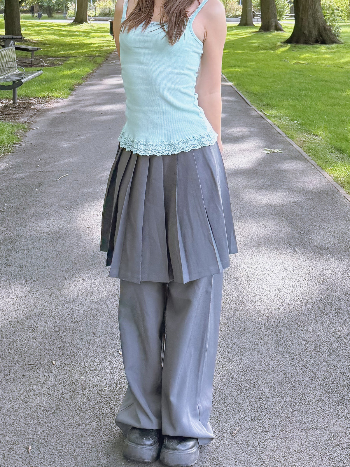 26FW Structured Pleated Overlay Wide Leg Slacks (2 Colours)