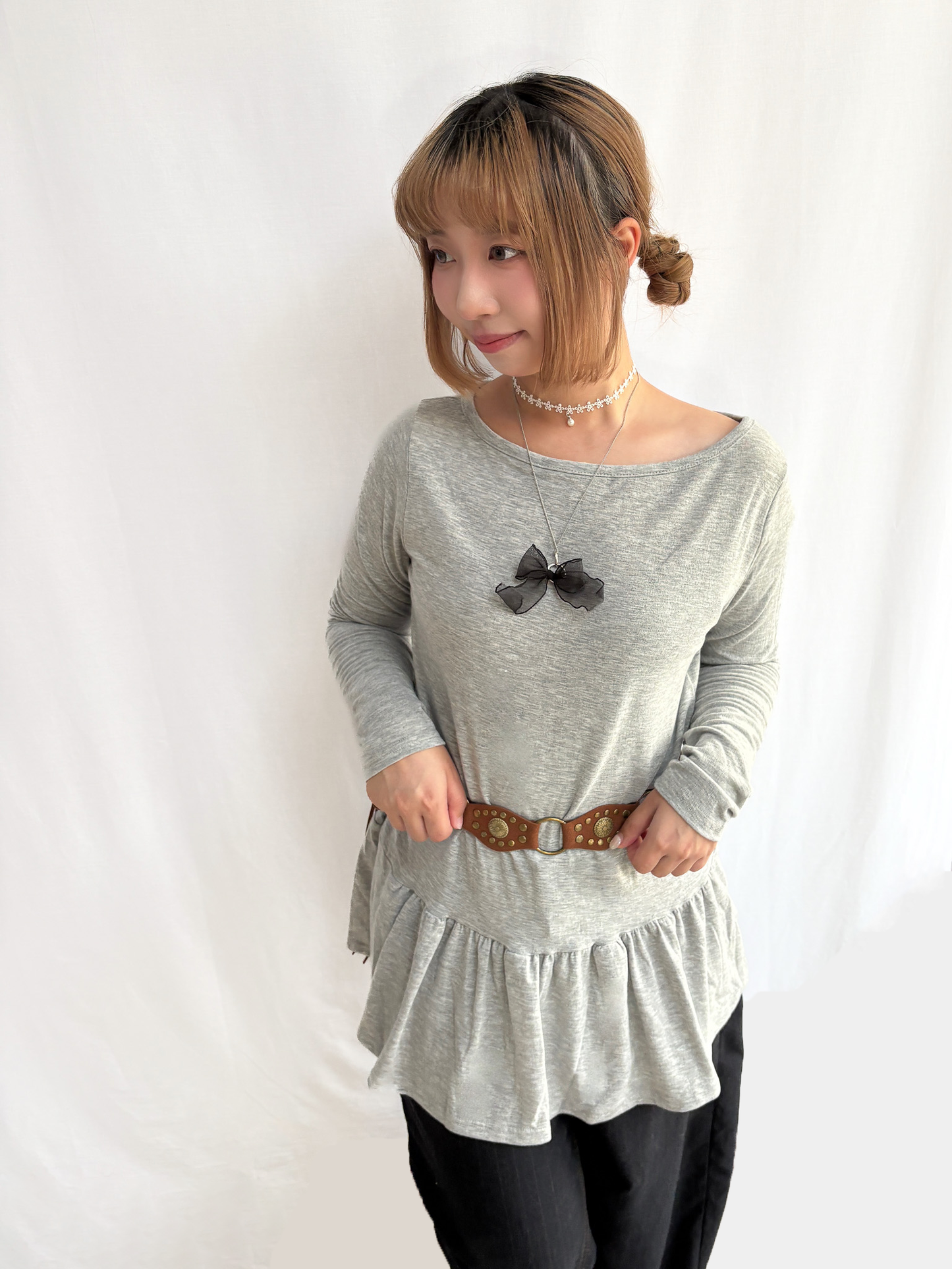 Soft Layered Long Sleeve Off-Shoulder Top (Grey)