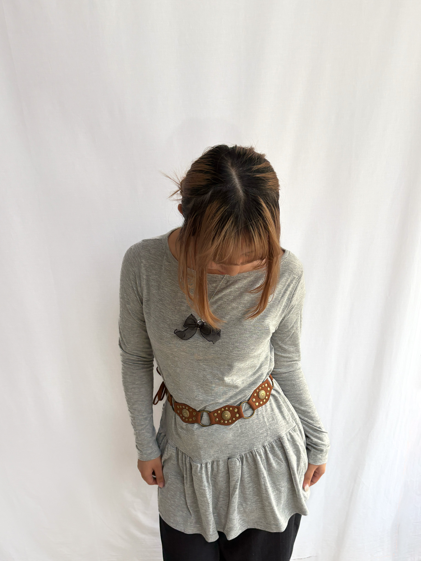 Soft Layered Long Sleeve Off-Shoulder Top (Grey)