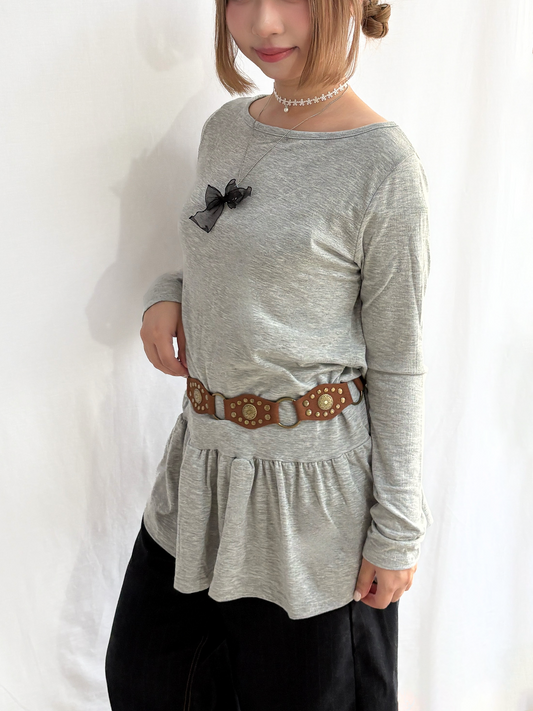 Soft Layered Long Sleeve Off-Shoulder Top (Grey)