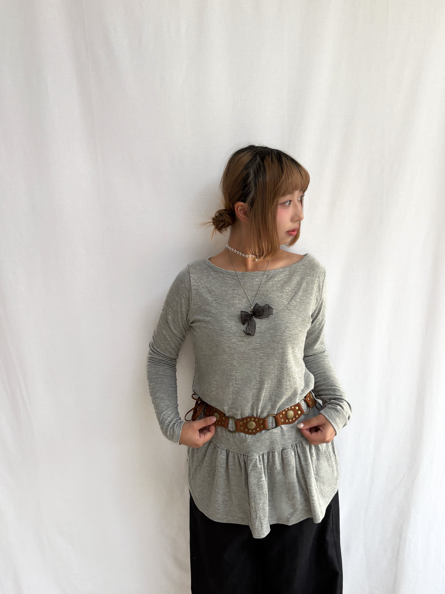 Soft Layered Long Sleeve Off-Shoulder Top (Grey)