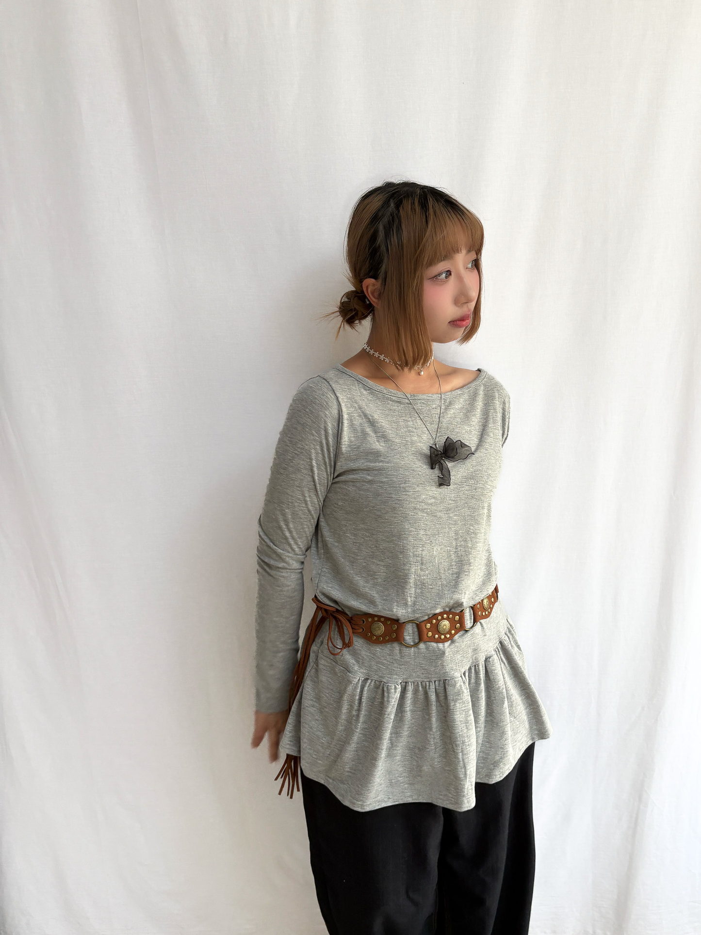 Soft Layered Long Sleeve Off-Shoulder Top (Grey)