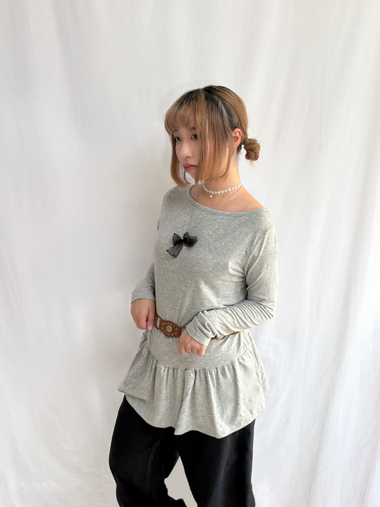 Soft Layered Long Sleeve Off-Shoulder Top (Grey)
