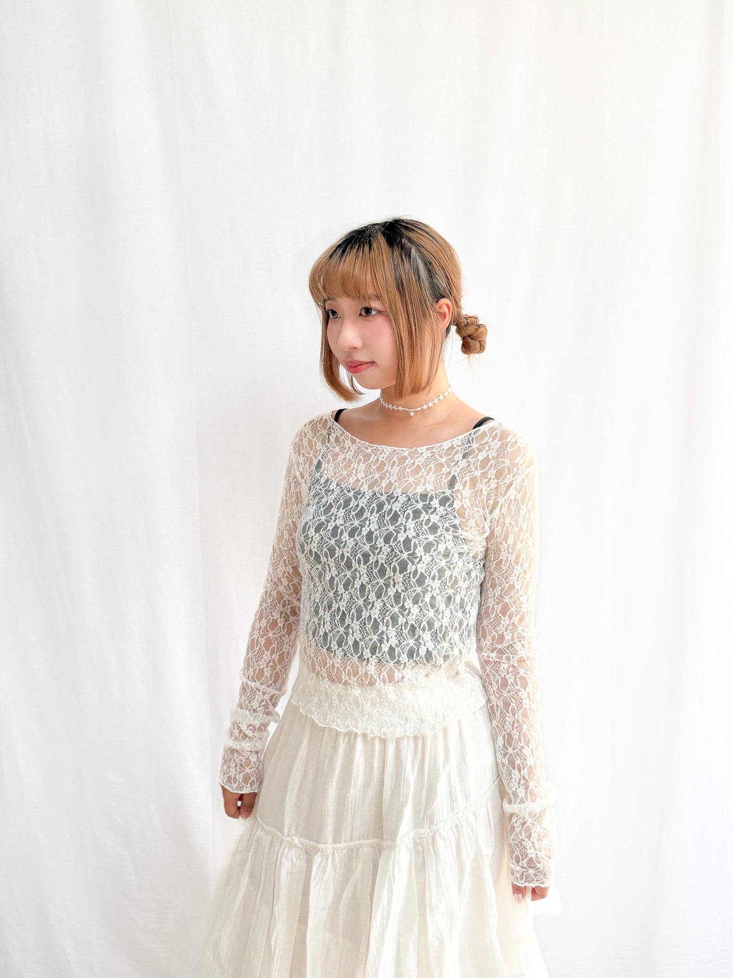 Sheer Lacy Slight Cropped Ballet Floral Tee (2 Colours)