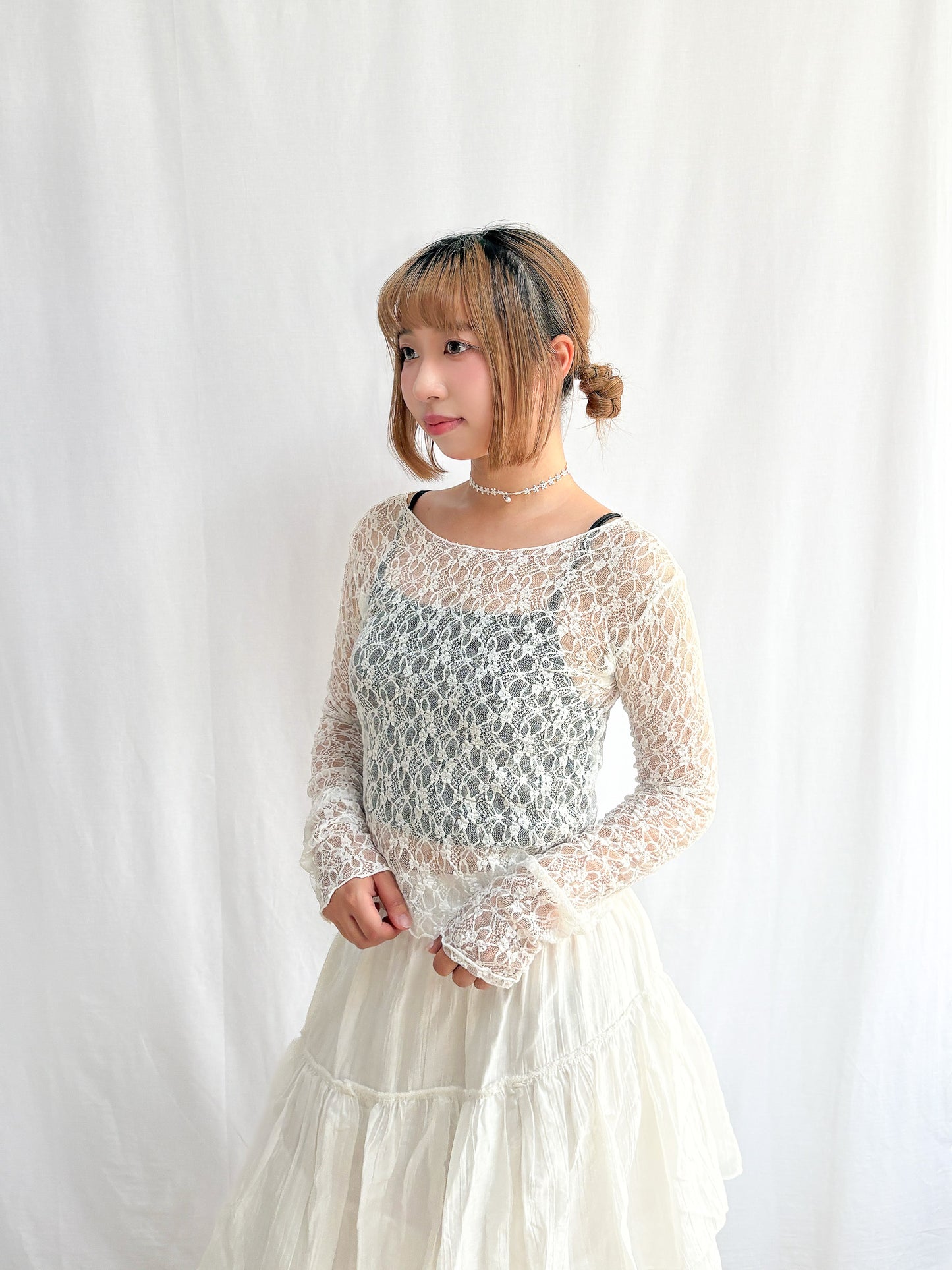 Sheer Lacy Slight Cropped Ballet Floral Tee (2 Colours)