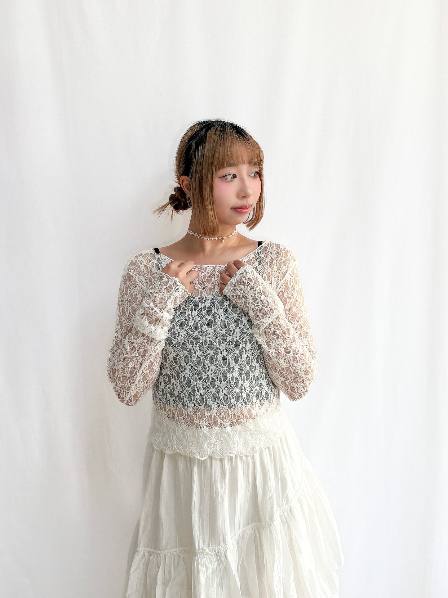 Sheer Lacy Slight Cropped Ballet Floral Tee (2 Colours)