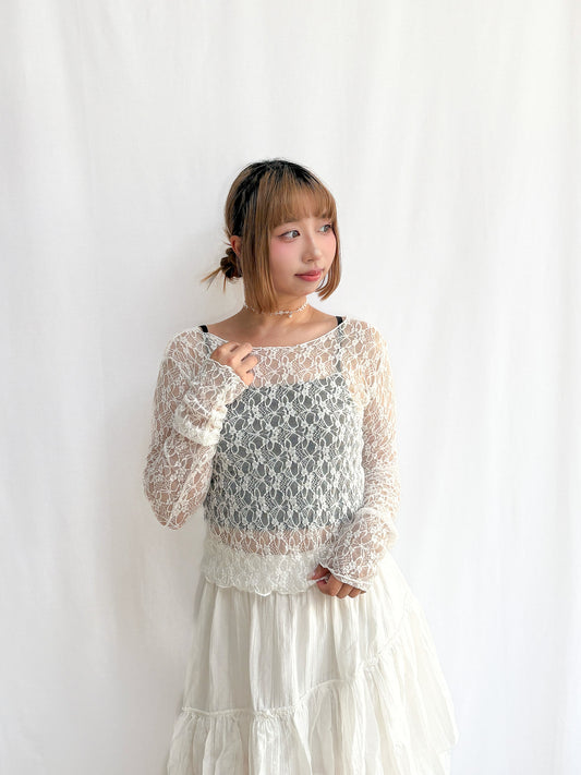 Sheer Lacy Slight Cropped Ballet Floral Tee (2 Colours)