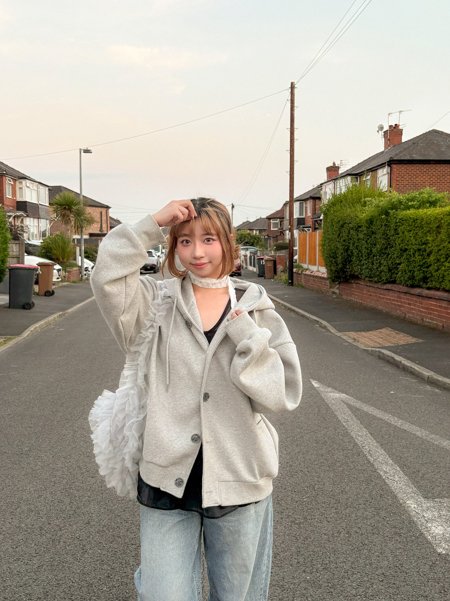 Oversized Double-Knit Button Hood Zip-Up (Navy White Preorder)