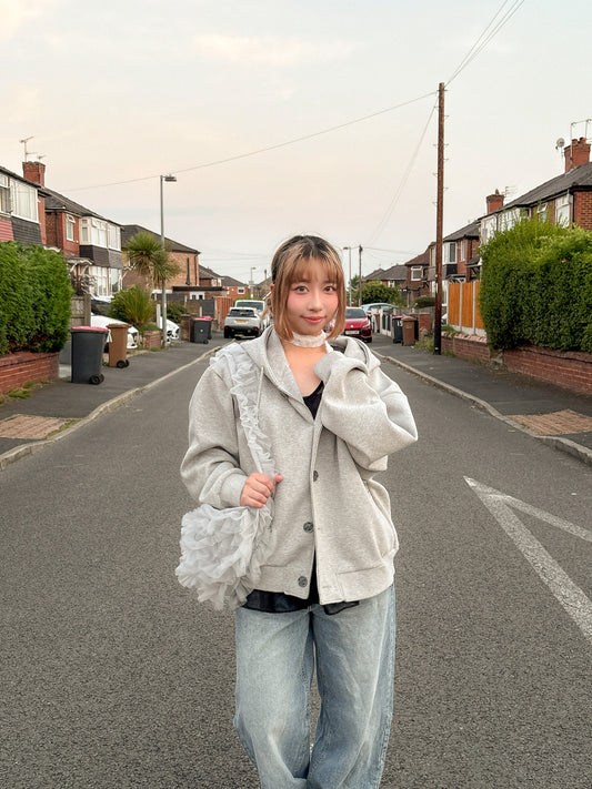 Oversized Double-Knit Button Hood Zip-Up