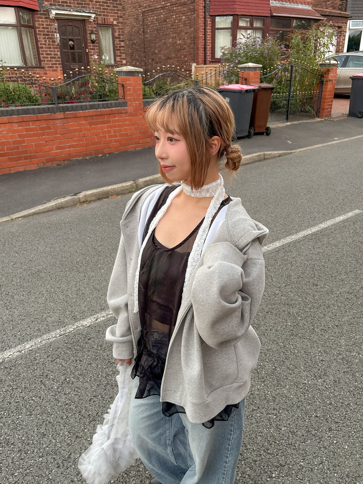 Oversized Double-Knit Button Hood Zip-Up (Navy White Preorder)