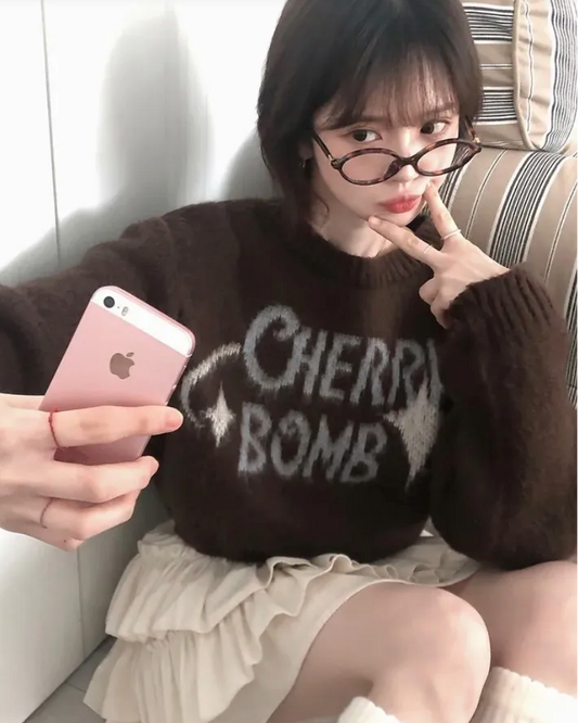 (DEC NEW) Round Neck Cherry Bomb Short Brush Knit