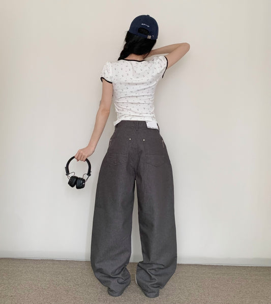 Metal Herringbone Loose Wide Jeans (Gray)