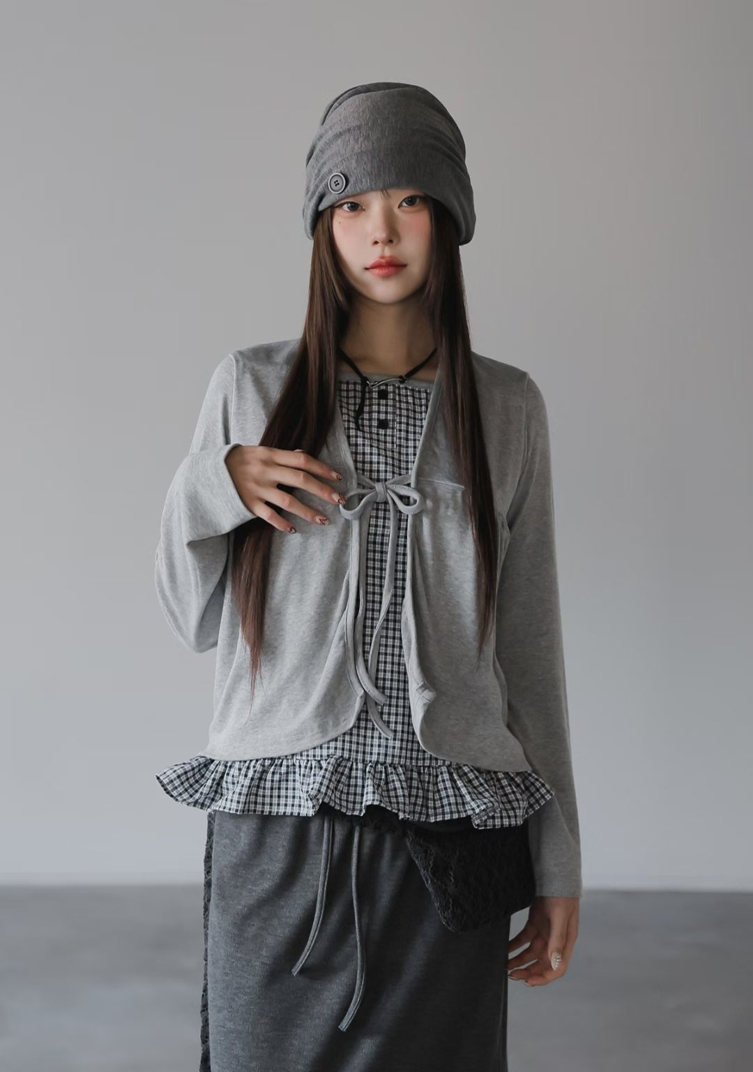 Pretty Check Color Layer Cardigan Long Sleeve Top
