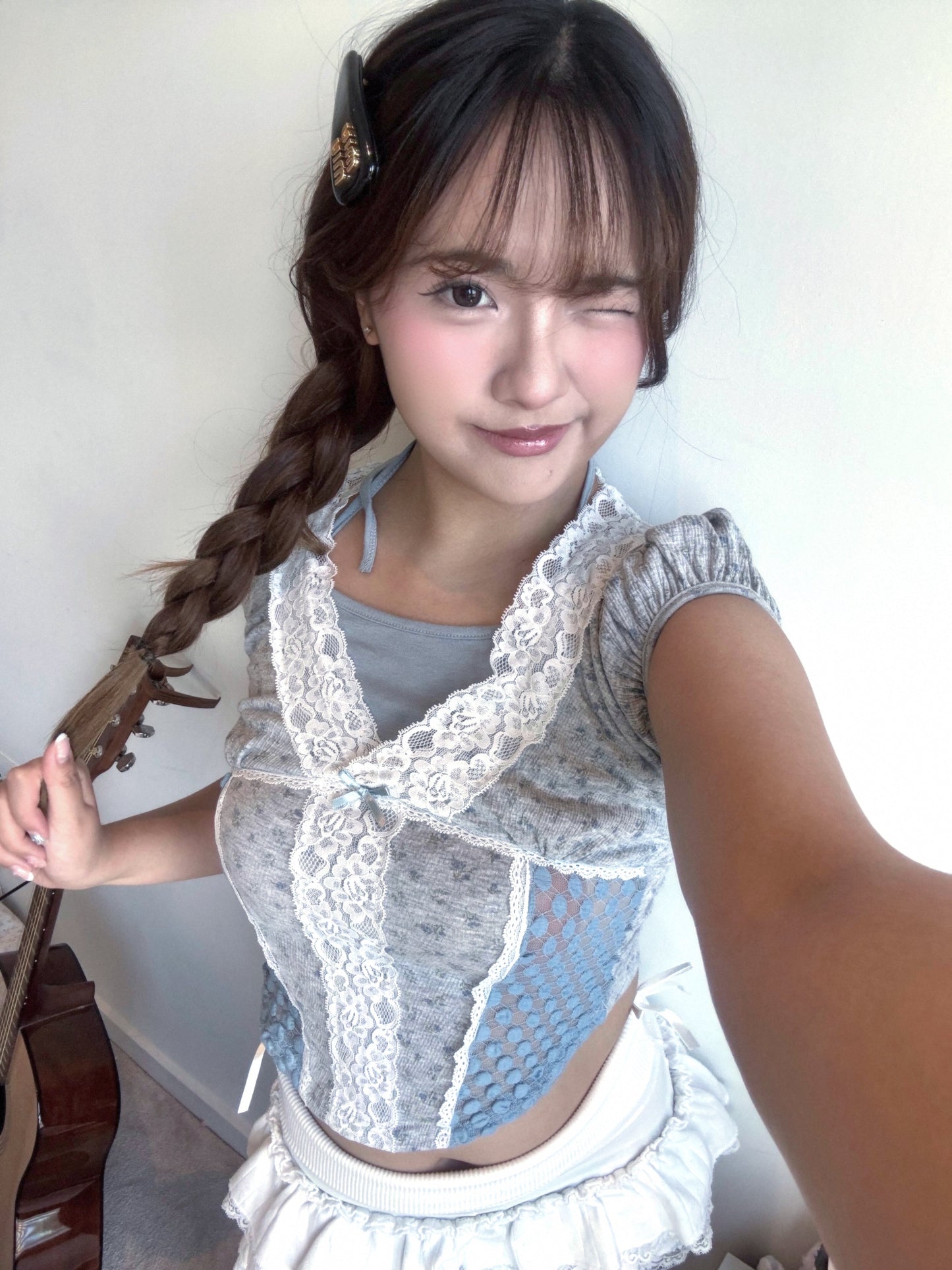 Fairycore Floral Lace Detail Panel Tee (Grey)
