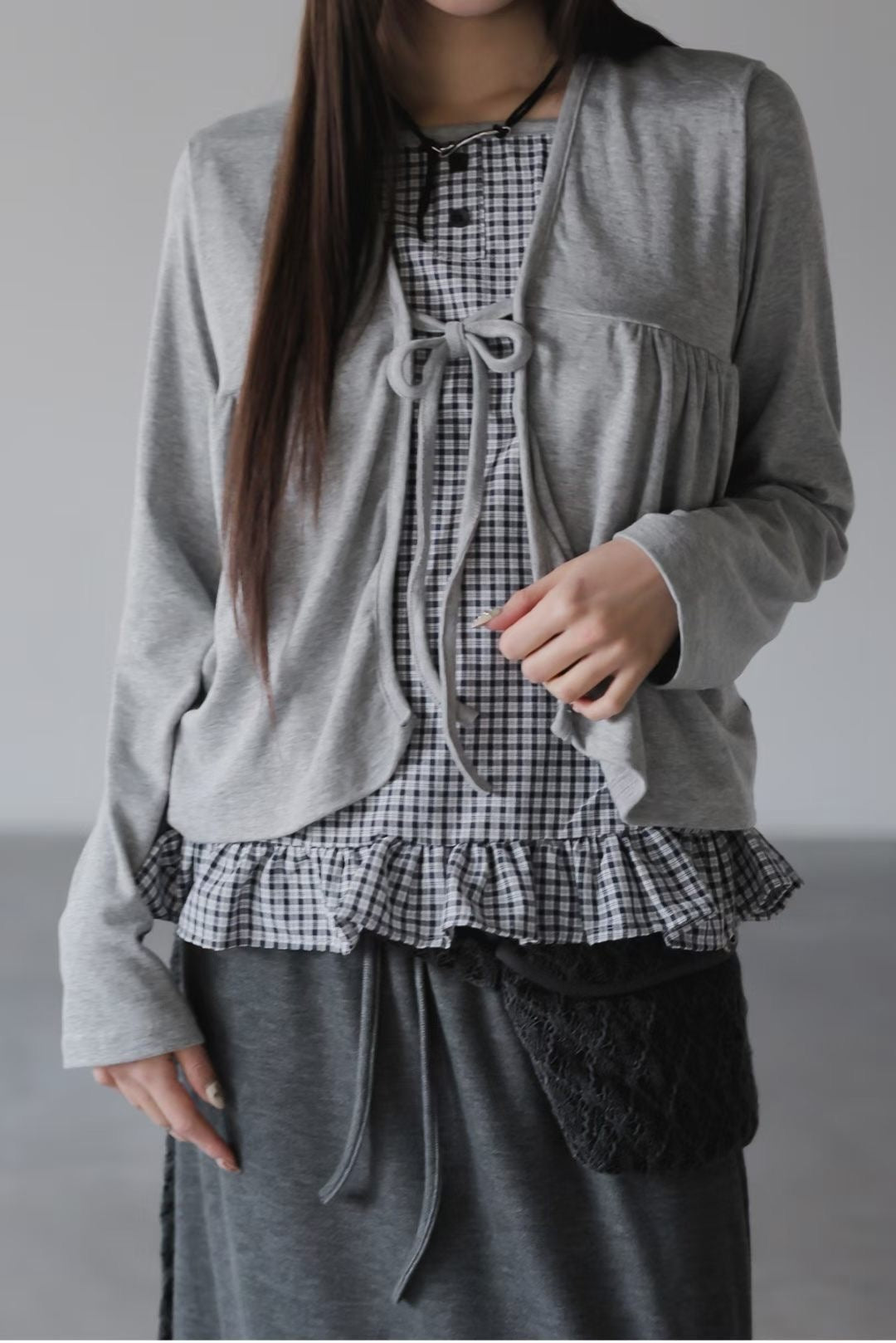 Pretty Check Color Layer Cardigan Long Sleeve Top