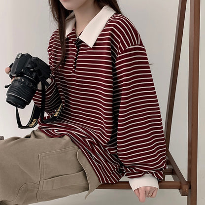 Collar striped long-sleeve top