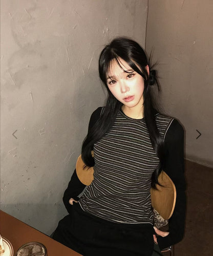 Striped Fake Two Piece Long Sleeve Tie Tee