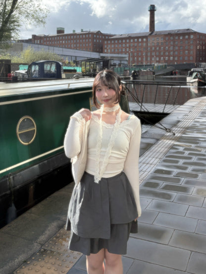 Lace-Trim Ribbed Long Sleeve Top with Scarf