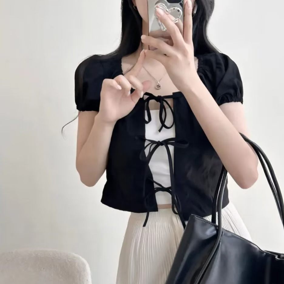 Ribbon Tie Front Puff Sleeve Blouse Cardigan (3Colours)