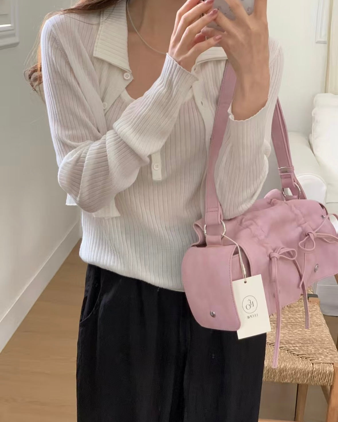 Pink Designer Brand Ribbon Leather Shoulder Bag (Large/Mini)