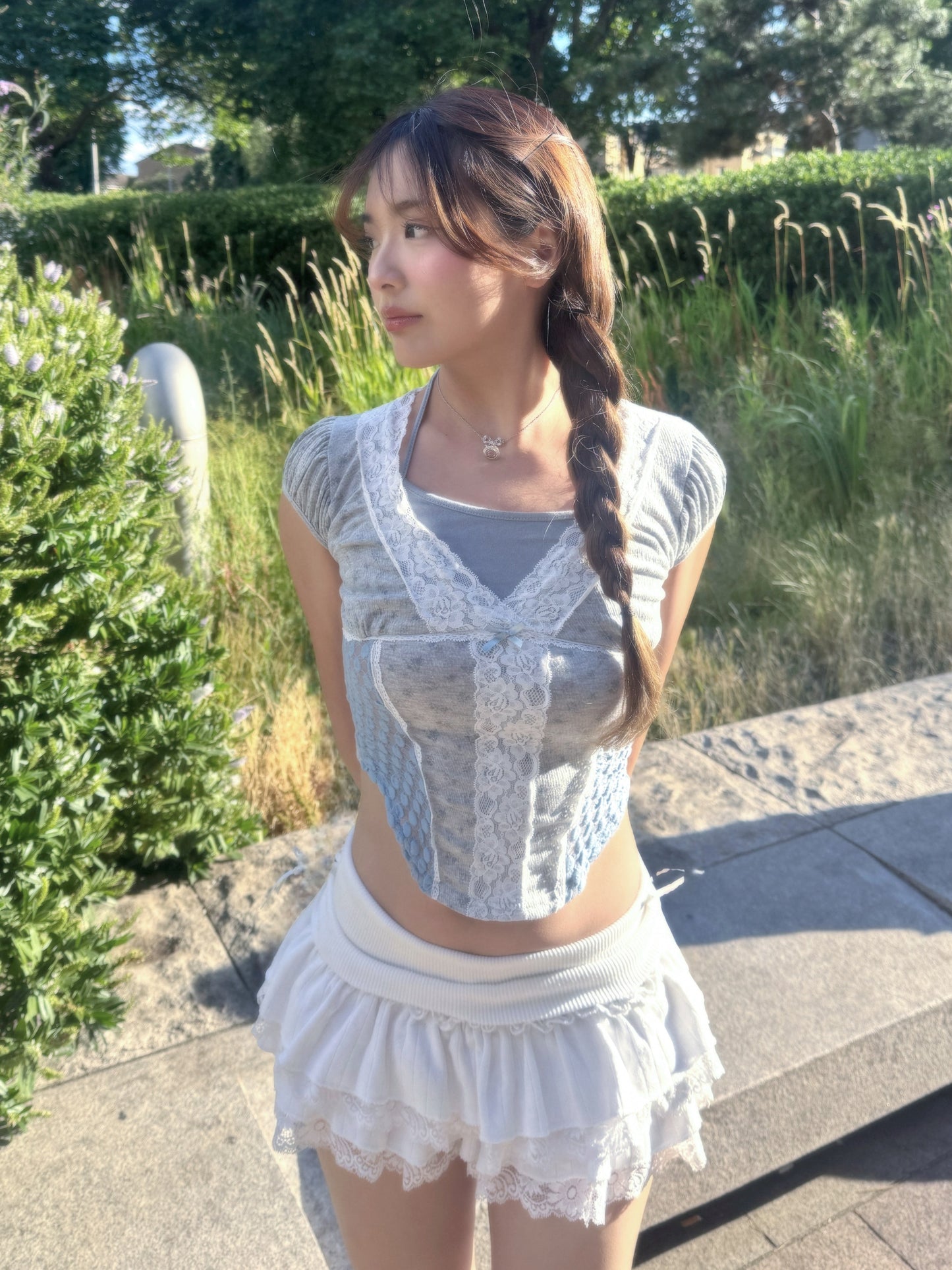 Fairycore Floral Lace Detail Panel Tee (Grey)