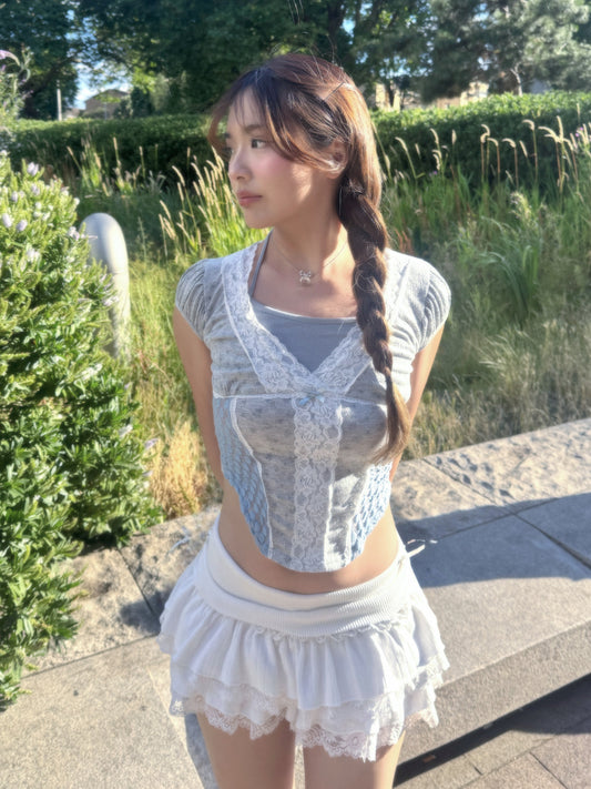 Fairycore Floral Lace Detail Panel Tee (Grey)