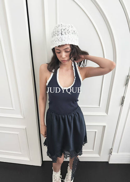 High End Padded Trim Halter Knit Tank Top
