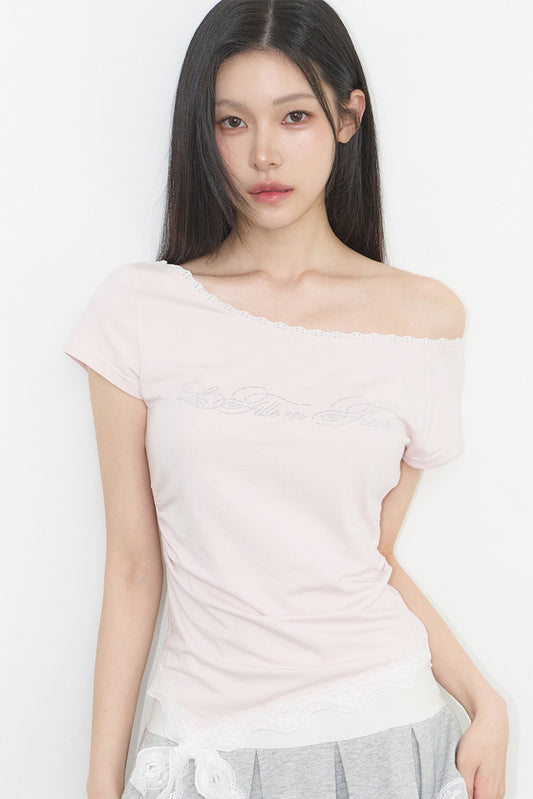 [ILLIGO]  Lace One-Shoulder Shirred Top (3 Colours)
