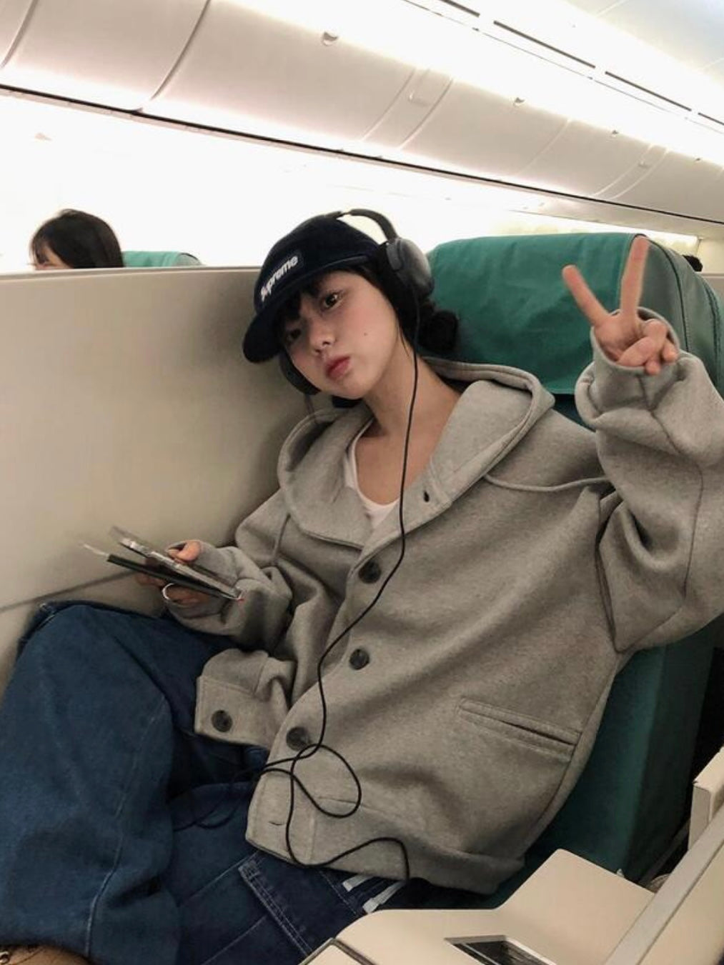 Oversized Double-Knit Button Hood Zip-Up