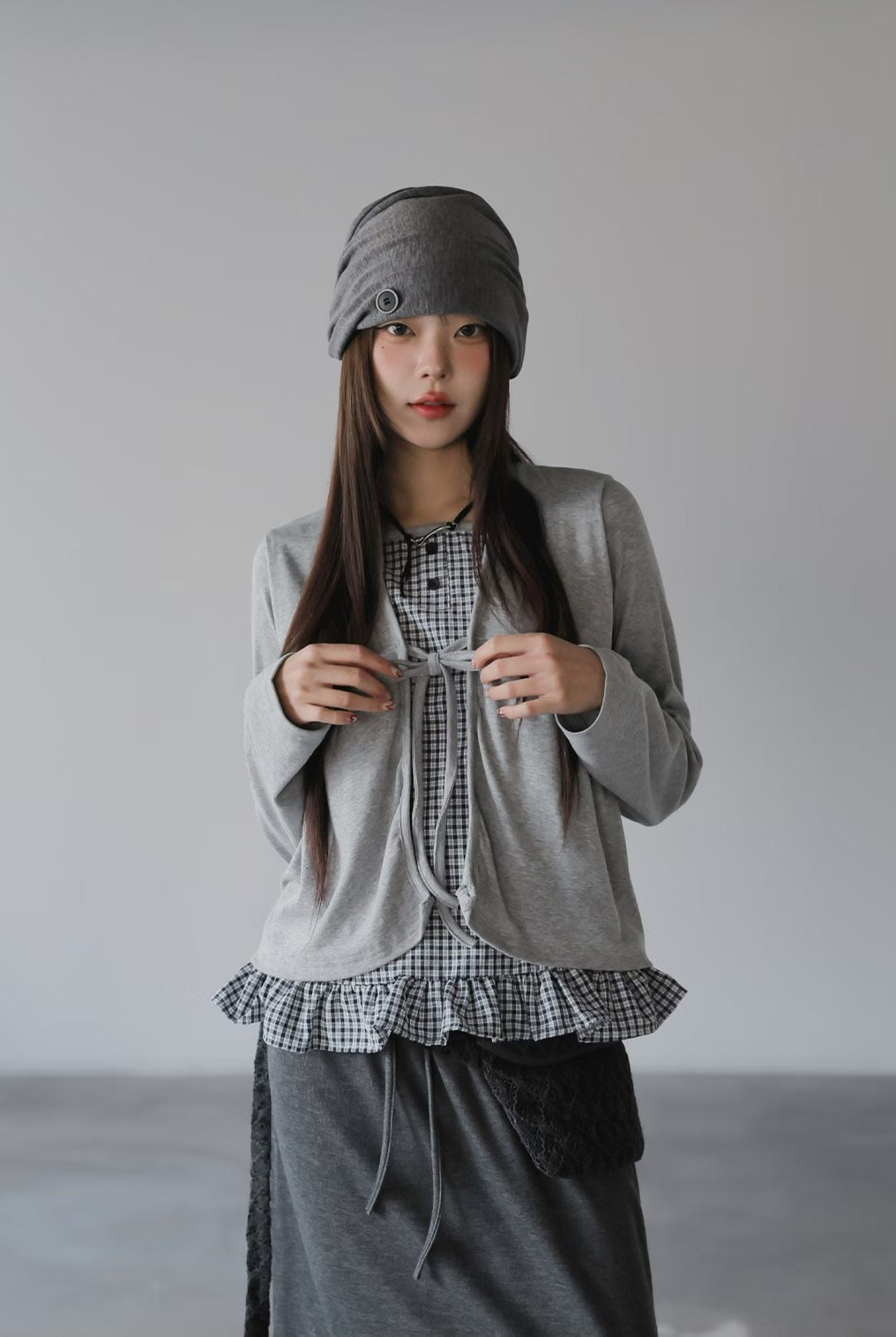 Pretty Check Color Layer Cardigan Long Sleeve Top