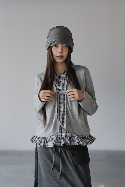 Pretty Check Color Layer Cardigan Long Sleeve Top