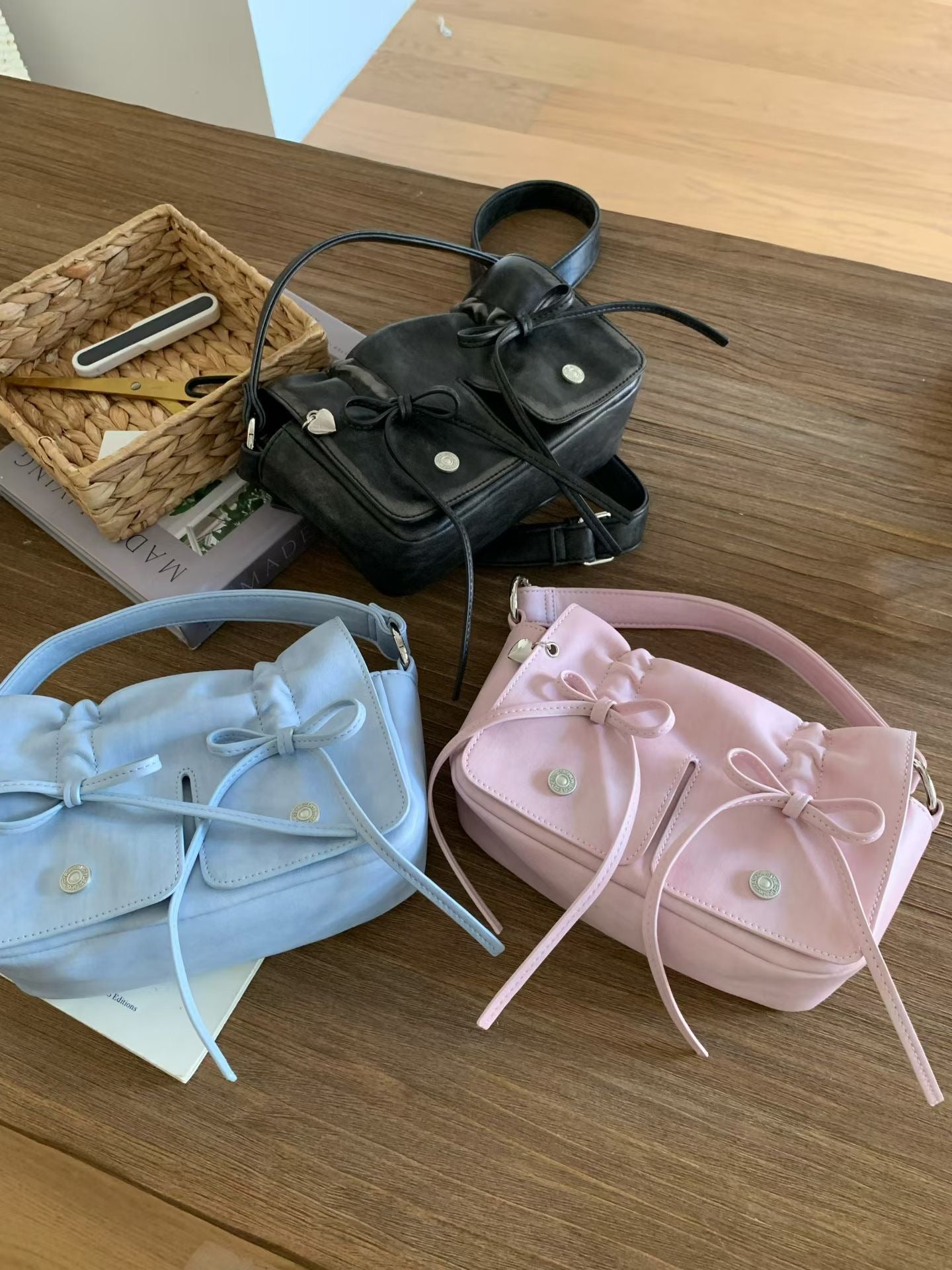 Pink Designer Brand Ribbon Leather Shoulder Bag (Large/Mini)