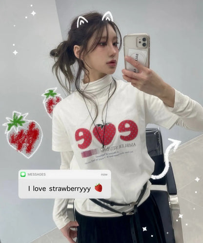 [Ambler] Strawberry Applique Embroidery Short Sleeve T-shirt (Oversize/Crop/2 Colours)