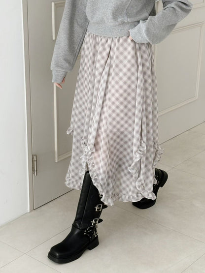 High End Chiffon Check Cross Layered Cancan Skirt