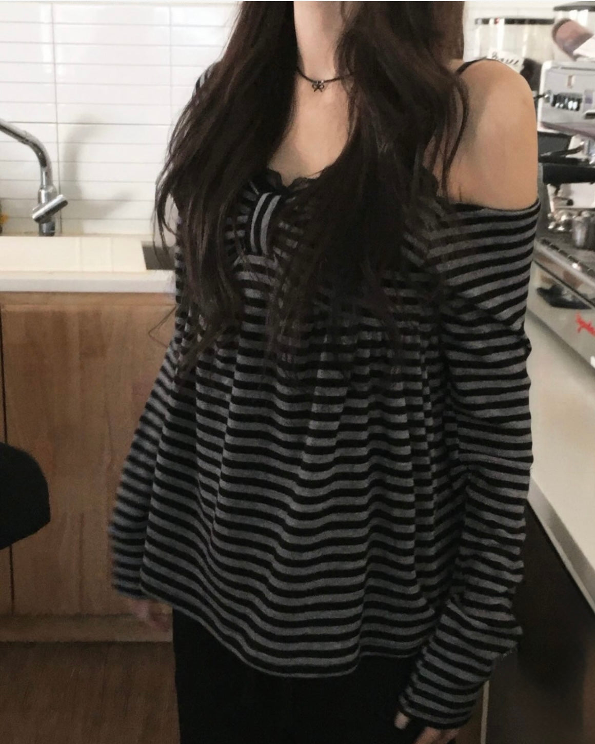 Ribbon Chest Design Off Shoulder Striped Top