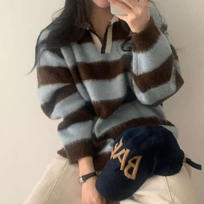 (Preorder) Unisex Collar Brush Striped Knitwear